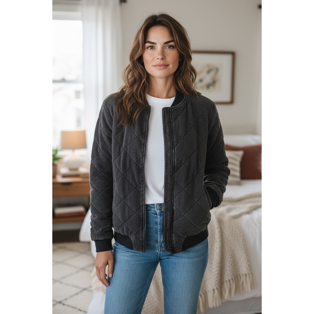 Mono B Women's Quilted Jacket, Full Zip Bomber Jacket, Gray, Casual, Size Large